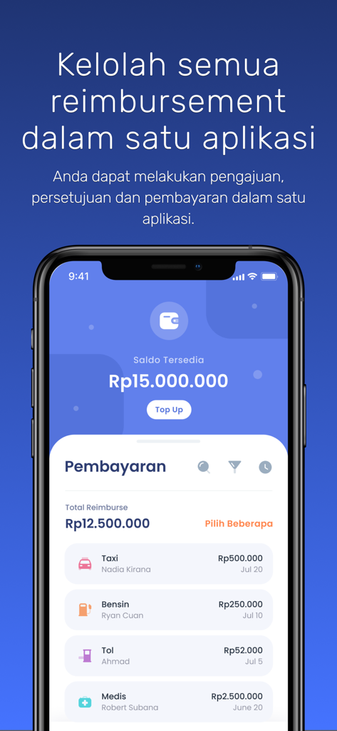 Apollo Xendit - Apollo Xendit mobile app interface showing a reimbursement list and available balance in Indonesian Rupiah