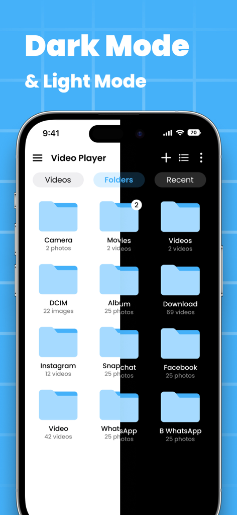 Vista de pantalla dividida de la aplicación MA Player que muestra carpetas de video en modo oscuro y claro