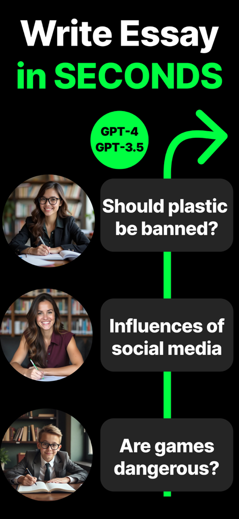 Essay Writer AI Generate Text - Promotional graphic for Esai app showing fast AI essay generation for students using GPT-4