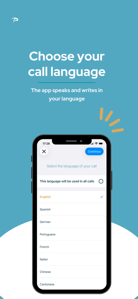 Pedius - Uma tela de smartphone exibindo a interface do aplicativo Pedius para selecionar um idioma de chamada de uma lista incluindo inglês espanhol e francês