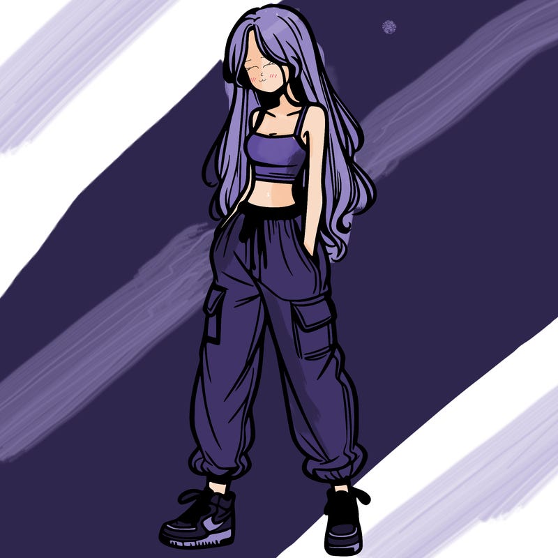 girl in baggy pants crop top and long hair