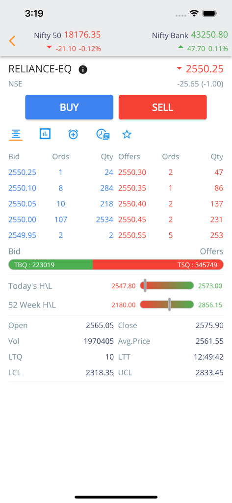 Emkay Blitz - Emkay Blitz mobile app interface showing real-time market depth and buy sell options for Reliance stock on the NSE