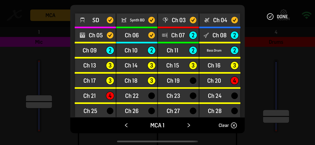 MX-Q app interface showing channel assignments for MCA 1 on a digital mixer