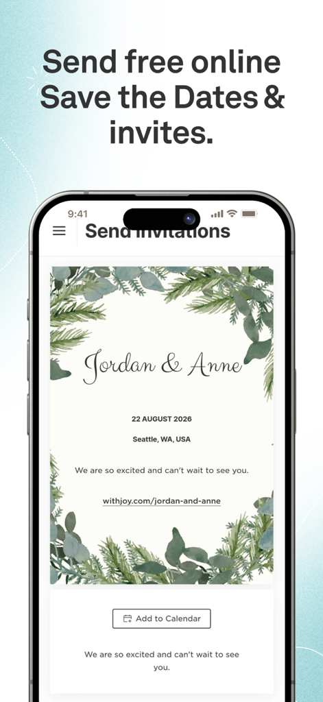 Joy Wedding Planner & Website - Eine mobile App-Oberfläche, die eine digitale Hochzeitseinladung mit floralen Rändern für Jordan und Anne anzeigt
