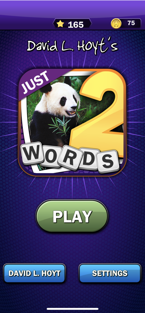 Just 2 Words - Home screen of the Just 2 Words word puzzle game by David L Hoyt featuring a play button and a panda mascot.