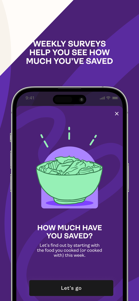 Saveful - Saveful app screen showing a weekly survey to track food and money savings.