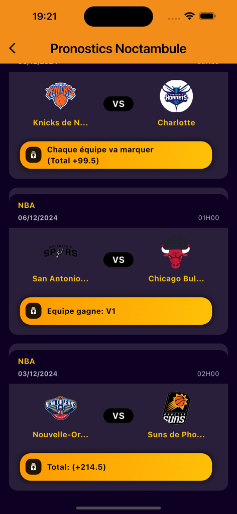 Chance 8 - Interface de l'application mobile Chance 8 affichant des prédictions professionnelles de paris sur le basketball NBA