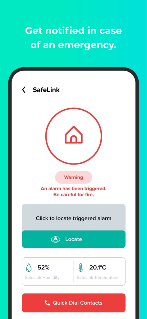 Emerald - Emerald App SafeLink-Bildschirm zeigt eine Notfall-Feueralarm-Benachrichtigung und Schnellauswahlkontakte.