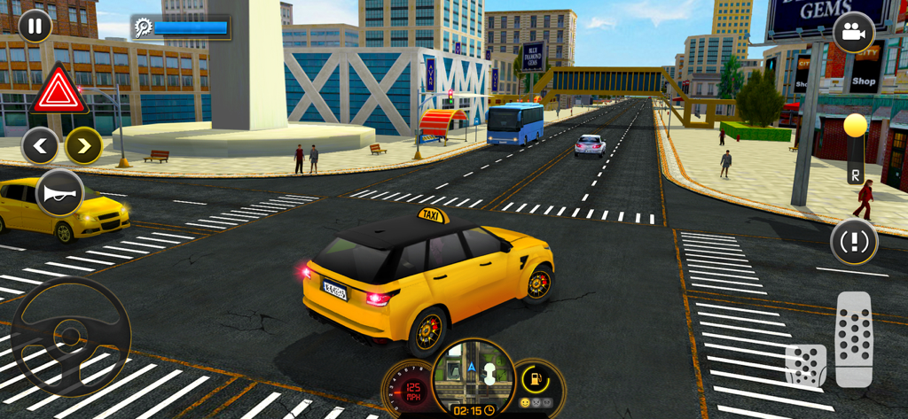 Taxi Driver 3D - Un taxi amarillo conduciendo por una intersección de ciudad 3D realista en el juego de simulación Taxi Driver 3D.
