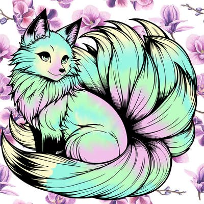 realistic detailed 9 tailed anime fox