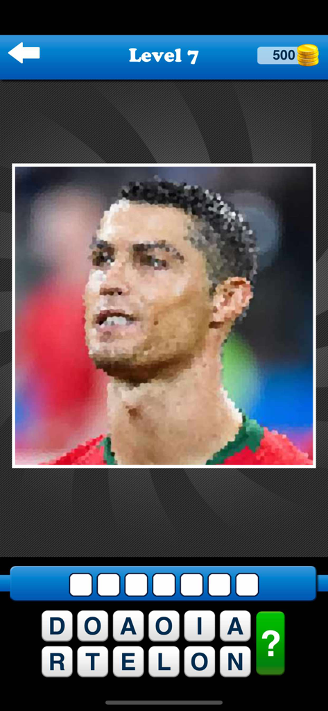Guess the Celebrity Quiz Game - Level 7 of Guess the Celebrity Quiz Game featuring a pixelated image of Cristiano Ronaldo and a word puzzle interface.