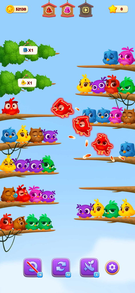 Chirpy Sort: Bird Color Puzzle - Colorful birds perched on tree branches in a sorting puzzle game