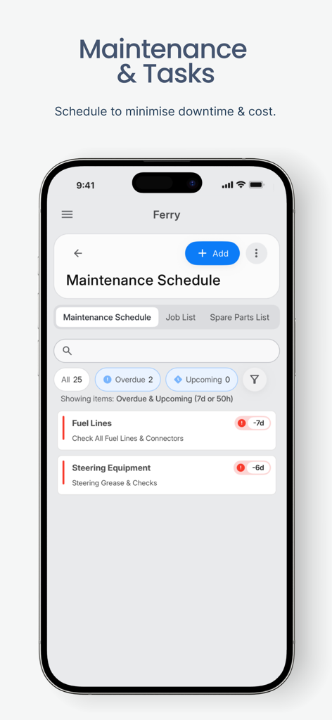 Sea-Flux - Interface de l'application mobile Sea-Flux montrant un calendrier de maintenance pour un navire avec des tâches en retard pour les conduites de carburant et l'équipement de direction.