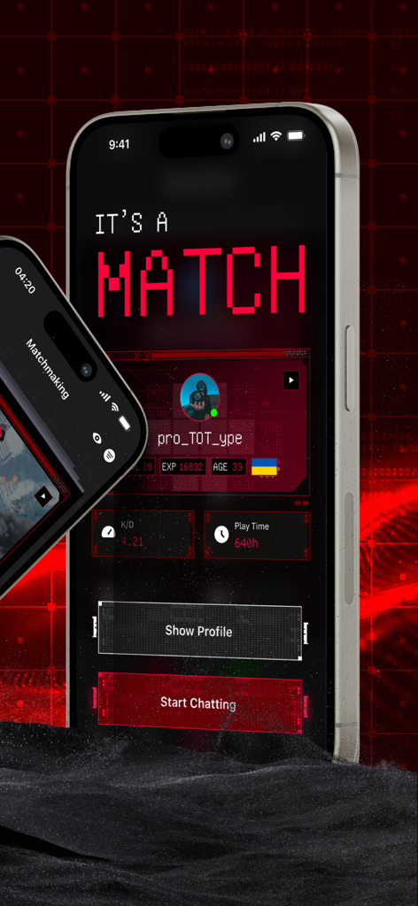 La interfaz de matchmaking en la Aplicación Complementaria Off The Grid mostrando la coincidencia de un jugador con estadísticas competitivas como KD y tiempo de juego.