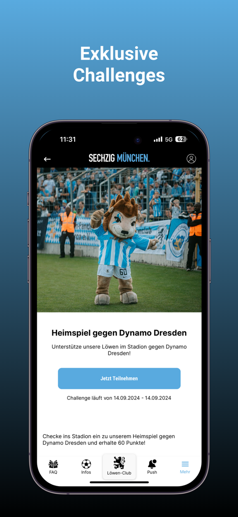 TSV 1860 München - TSV 1860 Munich app screen displaying exclusive fan challenges and stadium check-in rewards