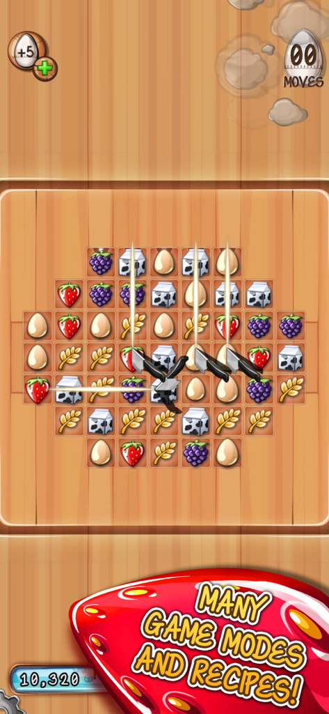 Tasty Tale - A gameplay screenshot of Tasty Tale showing a match 3 puzzle board with cooking ingredients like strawberries and milk.