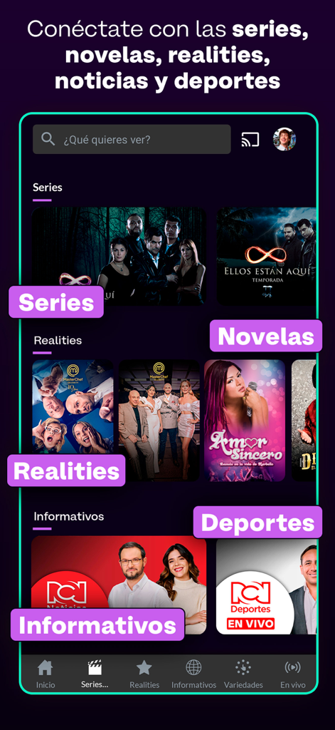 Canal RCN app home screen displaying entertainment categories like series, novelas, realities, news, and sports