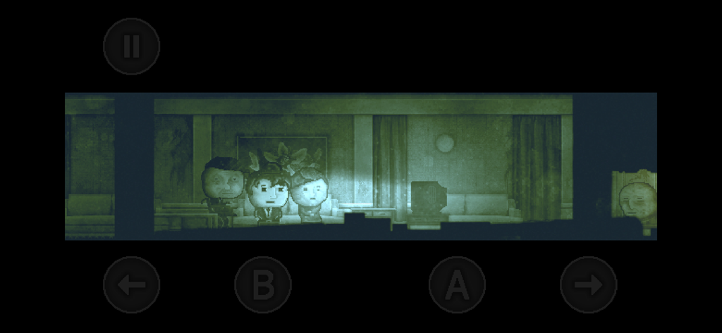 DISTRAINT - Deluxe Edition - A 2D side-scrolling psychological horror game scene showing three characters in a dark green-tinted room with visible on-screen touch controls.
