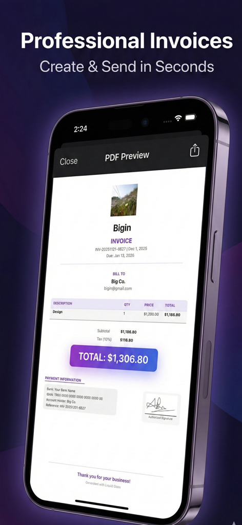 Una vista previa de factura PDF profesional en un iPhone que muestra los detalles de facturación y una firma digital.