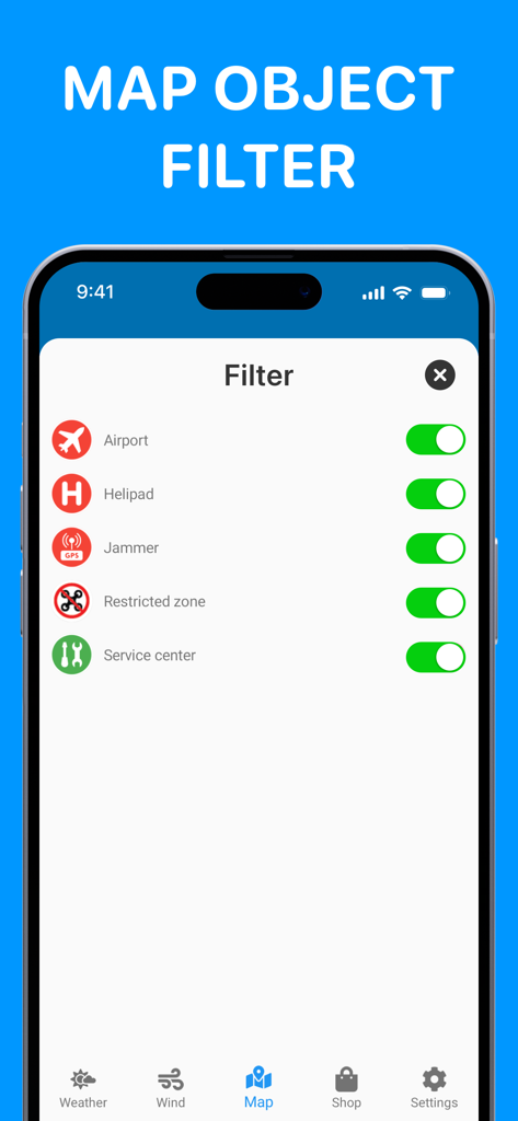 Drone Forecast. UAV Air map - Drone Forecast map filter screen showing toggles for airports and restricted zones