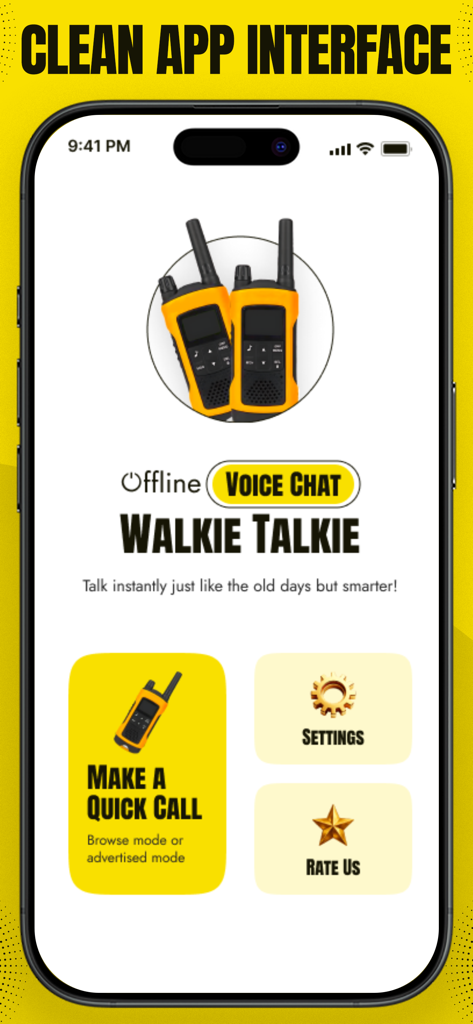 Walkie Talkie Offline - Interfaz de usuario limpia de la aplicación Walkie Talkie Offline que muestra el menú principal con un botón de llamada rápida y configuraciones.