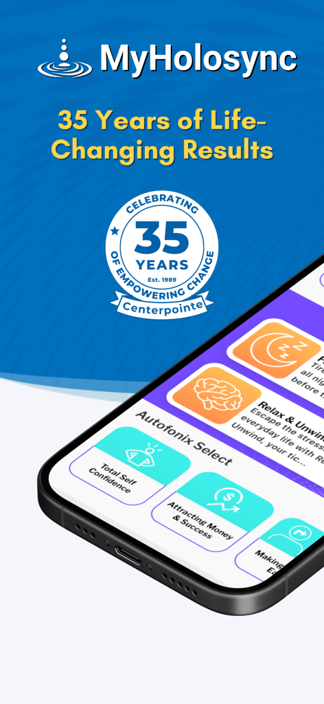 MyHolosync mobile app interface featuring meditation tracks and Centerpointe 35 year anniversary badge