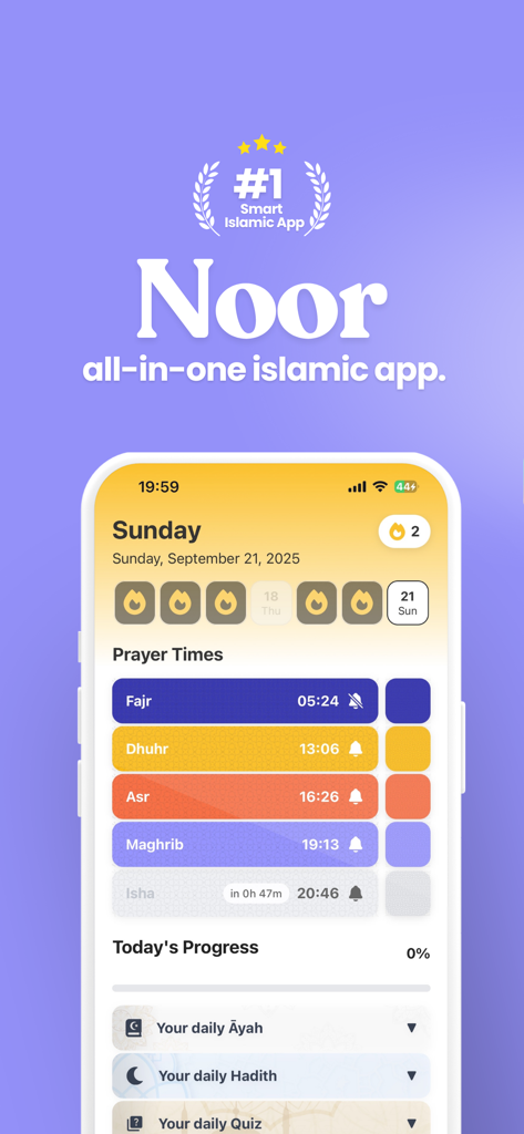 Noor - Quran Companion - Noor Quran Companion app dashboard showing prayer times daily progress and habit streaks