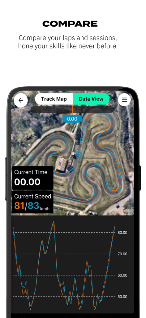 MyRaceLab: Lap & Race Timer - Interfaz de la aplicación MyRaceLab que muestra una comparación lado a lado de vueltas de carrera con un mapa aéreo de la pista y un gráfico de telemetría de velocidad