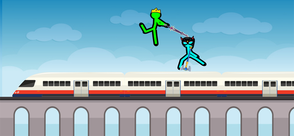 Stickman Warriors: Fight Games - Two stickman characters fighting with weapons on top of a moving train across a bridge.
