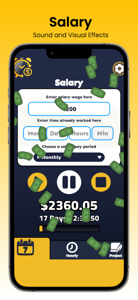 Money Clock: Income Visualizer - Money Clock app screenshot showing the salary tracker with a live earnings counter and falling cash animation