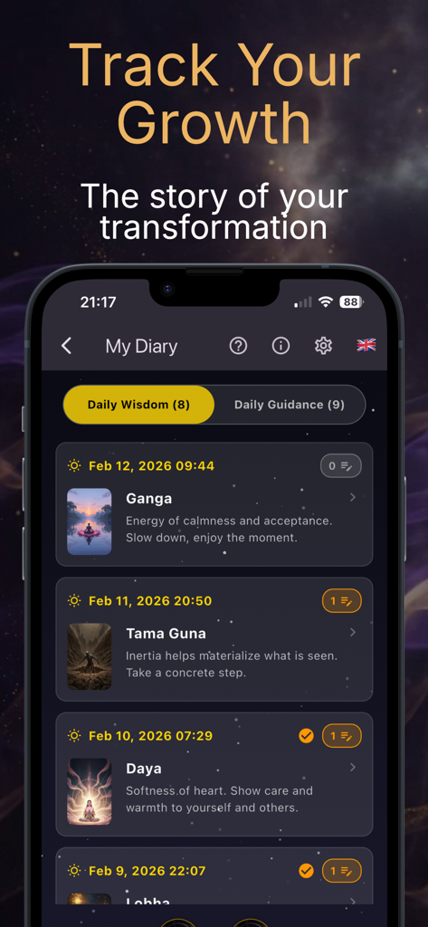 LeelaClue app diary screen for tracking personal growth and daily wisdom