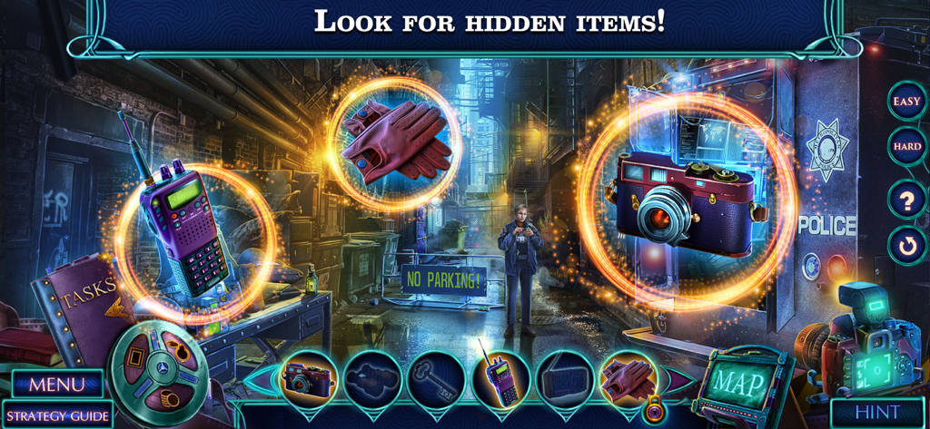 Fatal Evidence 4 - F2P - A detective crime scene in Fatal Evidence 4 showing highlighted hidden objects like a camera and gloves in a dark alley.