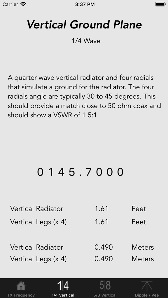 Antenna Calculator app screen showing 1/4 wave vertical ground plane antenna length calculations in feet and meters