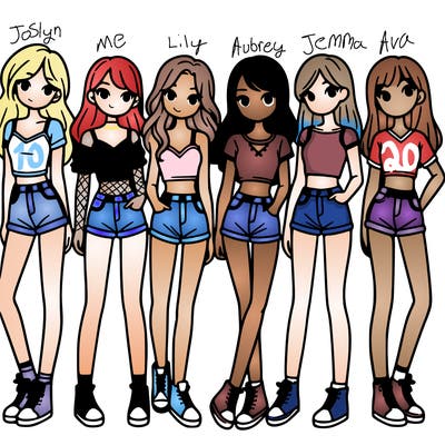 a group of girls wearing crop tops and shorts