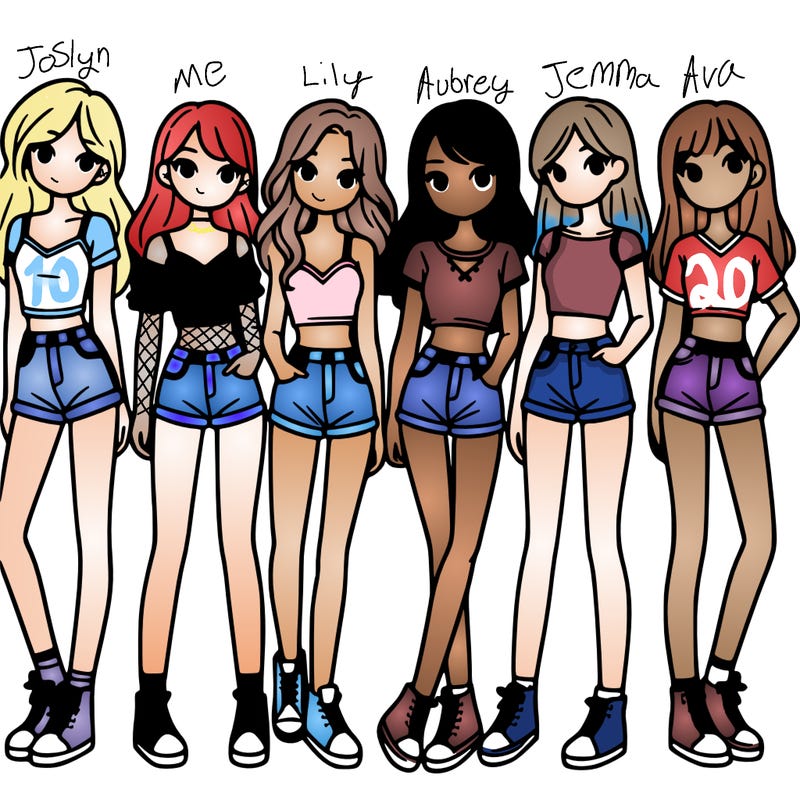a group of girls wearing crop tops and shorts