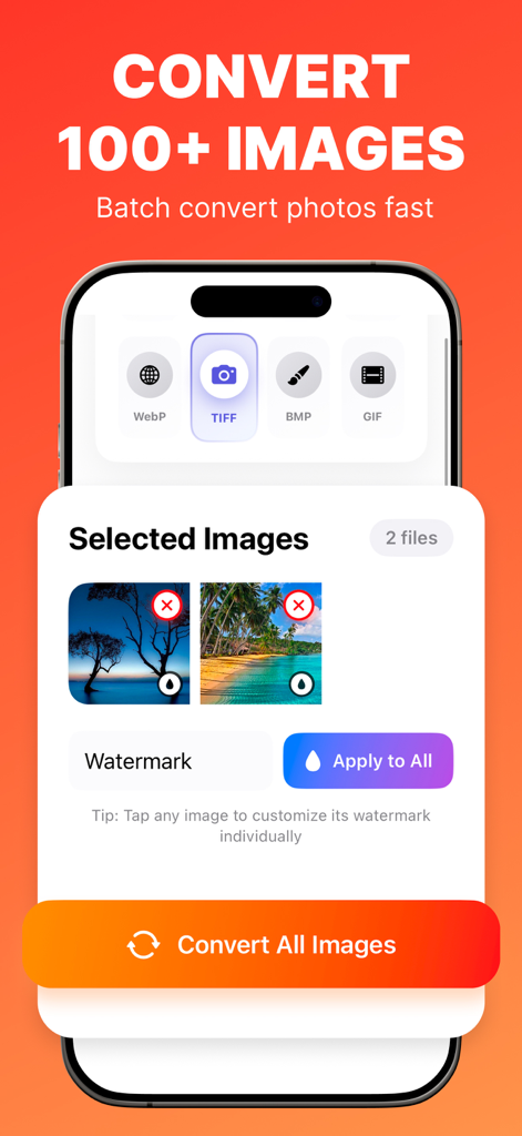 Image Converter: JPEG PDF PNG - Oberfläche der mobilen App zum Stapelkonvertieren von Bildern und Hinzufügen von Wasserzeichen