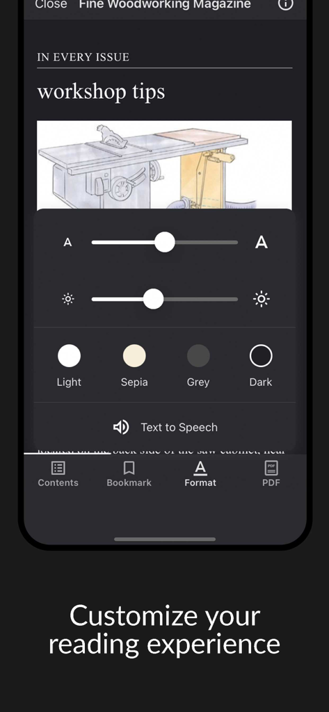 Fine Woodworking Magazine - Reading customization interface in the Fine Woodworking Magazine app showing text size brightness and theme options