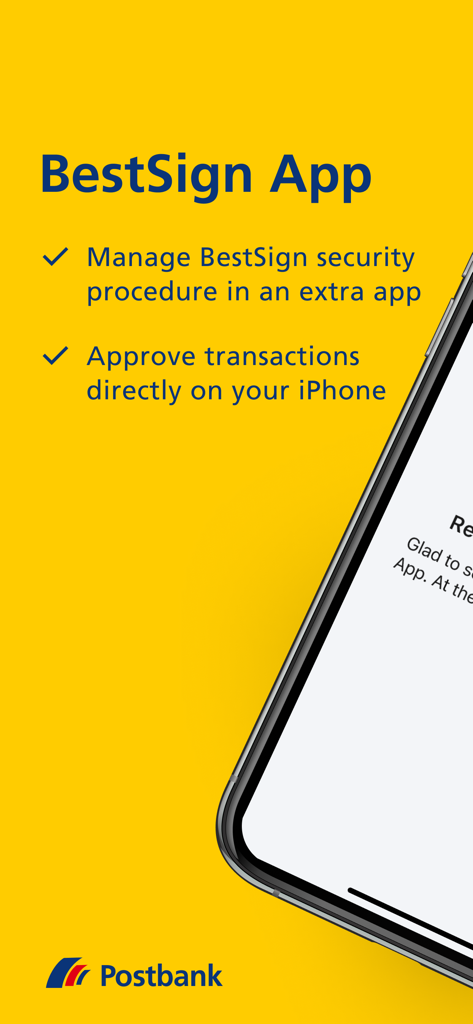 Postbank BestSign app highlighting security management and transaction approval on iPhone