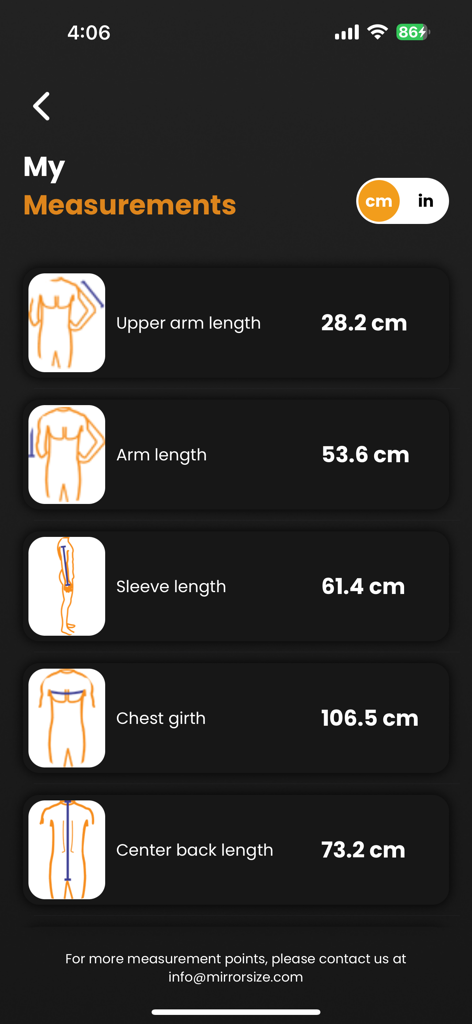 Mirrorsize - Interface of Mirrorsize app showing detailed body measurements like arm length and chest girth in centimeters.