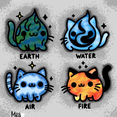 4 cats that represent the different elements, earth, water, air, and fire