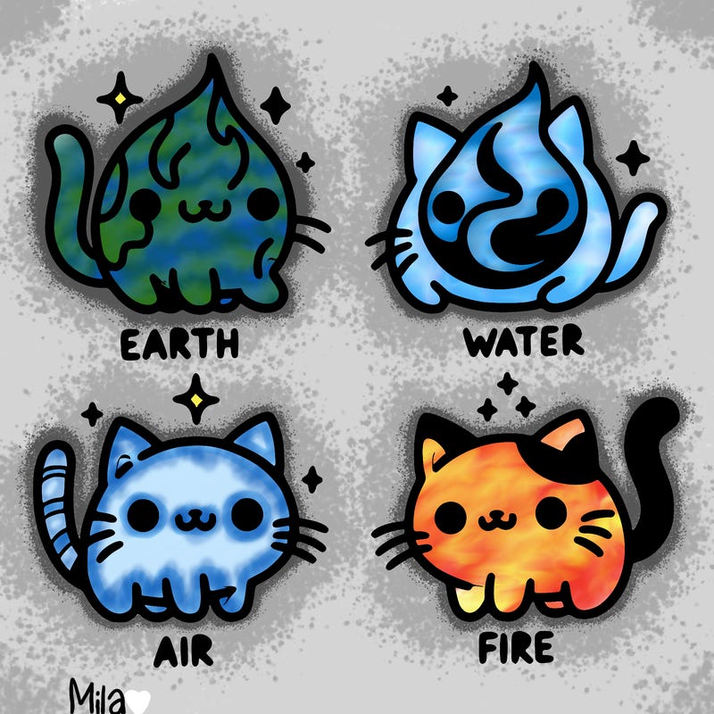 4 cats that represent the different elements, earth, water, air, and fire