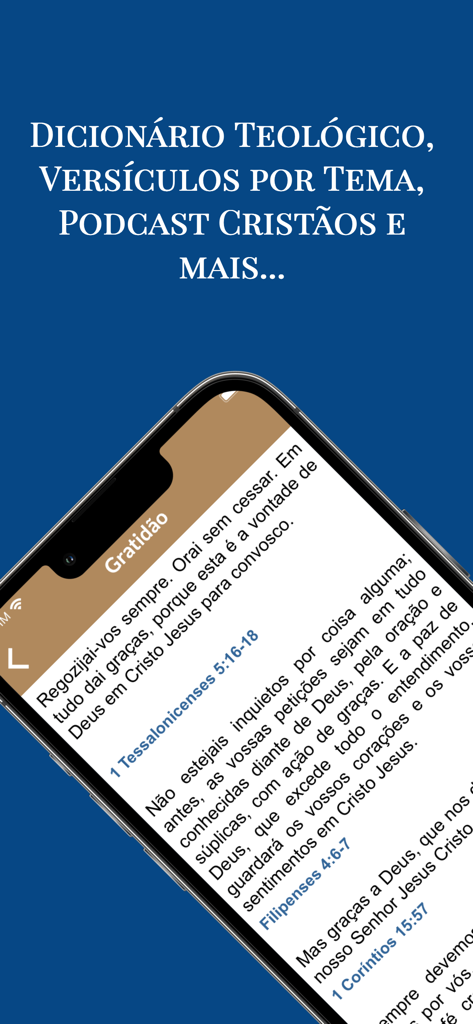 Interfaz de la app Estudo Biblico mostrando recursos teológicos y versículos bíblicos sobre gratitud en portugués.