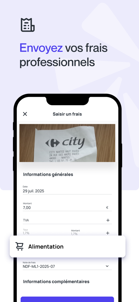 MEG - Mon Expert en Gestion - Interface de l'application MEG pour la capture et la soumission de reçus de frais professionnels