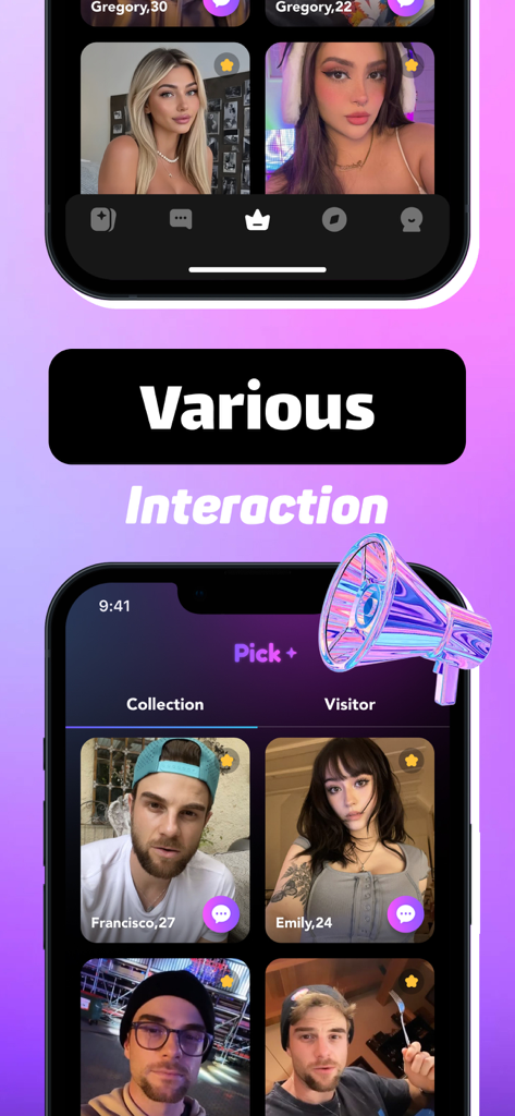 Yipee: Video Chat & Live Call - Two mobile phone screens displaying diverse user profiles and social interaction features in the Yipee app