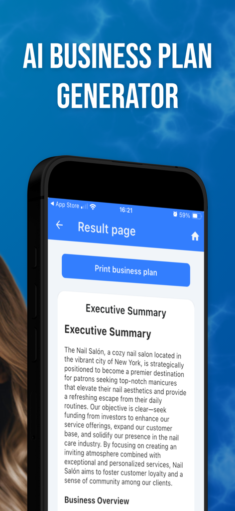 AI Business Plan Generator -KI - Mobile app screen showing an AI generated business plan result with an executive summary for a nail salon