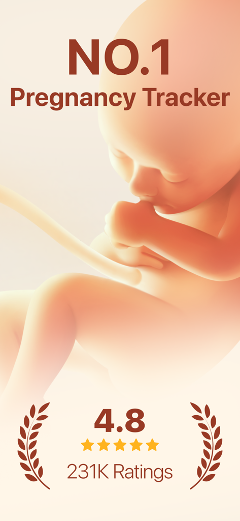 Screenshot der am besten bewerteten Schwangerschafts-Tracker-App mit einer 4,8-Sterne-Bewertung und 3D-Bild der Babyentwicklung