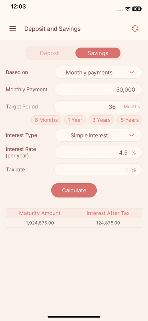 CalcBox -All in One Calculator - CalcBox app screen showing the deposit and savings calculator with interest rate and maturity amount fields