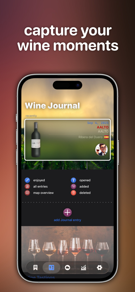 Wine Cellar Manager - IPhone screen displaying the Wine Journal feature for tracking wine moments and tasting history