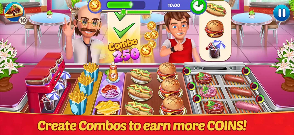 Gameplay scene of Kitchen Chef showing a high combo bonus and happy customers in a fast paced restaurant.