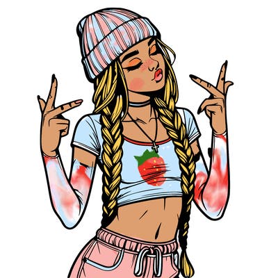realistic teenage girl with braids and a beanie and crop top doing 🫶🏼